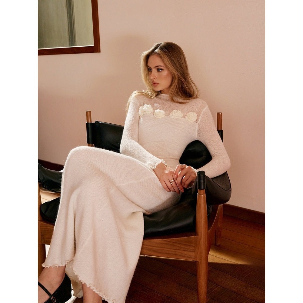 Commense Ivory 3D Floral Mohair Wool Blend Knit Maxi Dress Romantic Elegant M